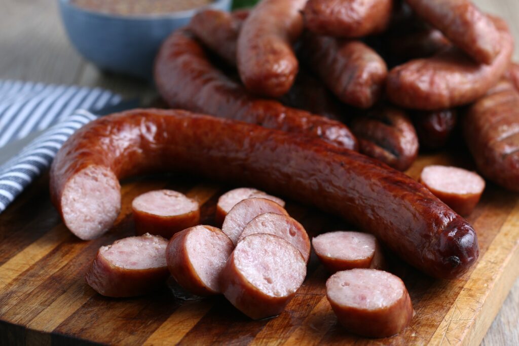 
Smoked Sausage served on cutting board
