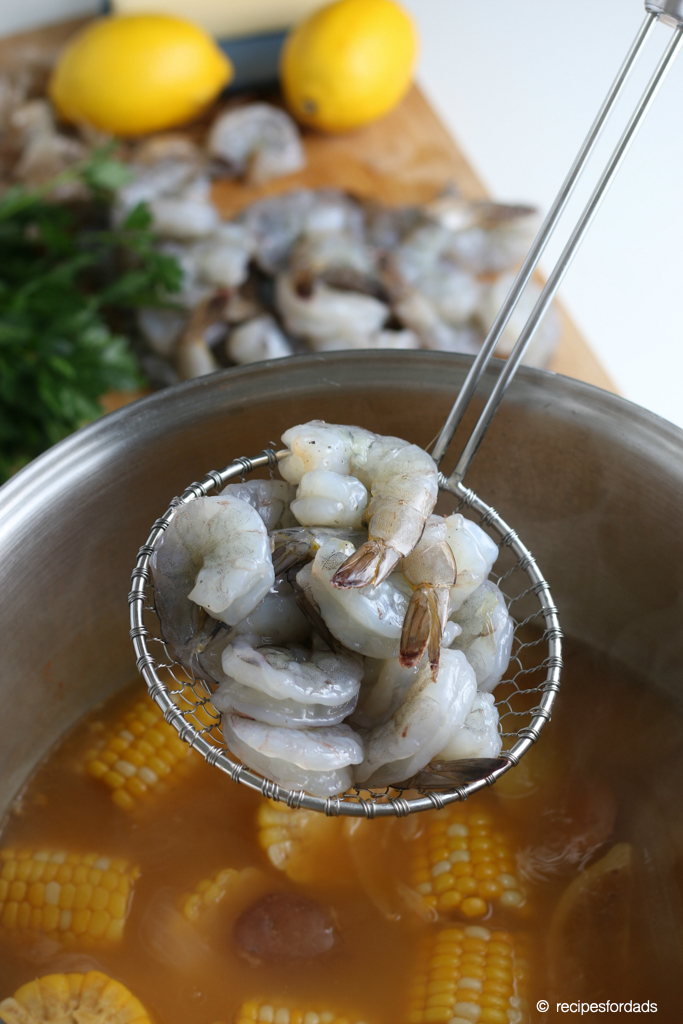 Boiling Raw Shrimp and added to the One Pot Shrimp Boil Recipe