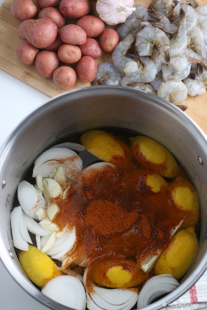 Made from scratch cajun seasonining added to onions and lemons in the one-pot