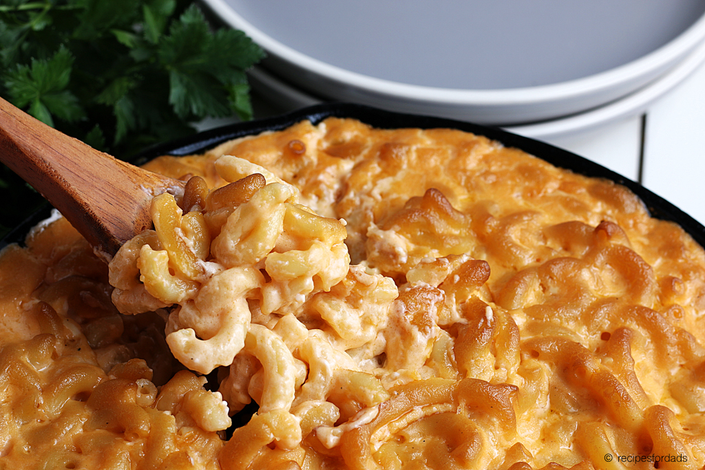 Creamy, Cheesy and Smokey Mac and Cheese served in an iron skillet