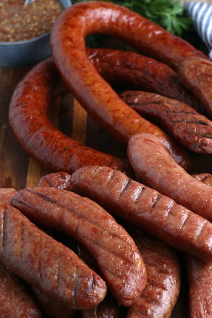 A variety of smoked sausages (fully cooked)