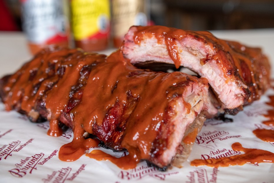 A delicious plate of BBQ ribs served at Arthur Bryant's Barbeque restaurant