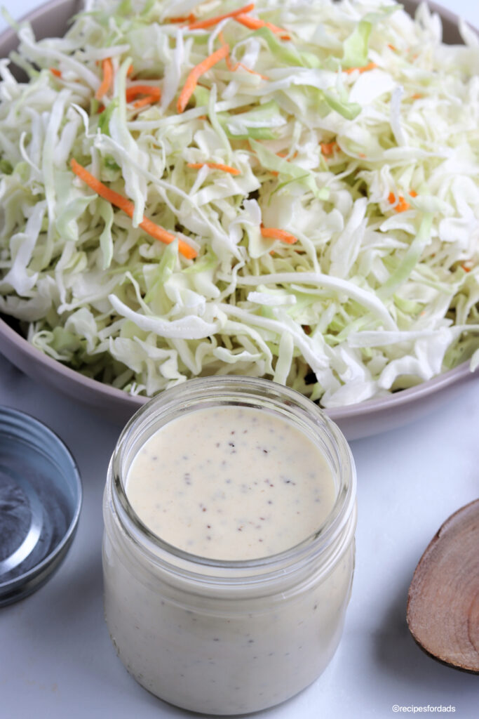 homemade coleslaw dressing recipe served in a mason jar