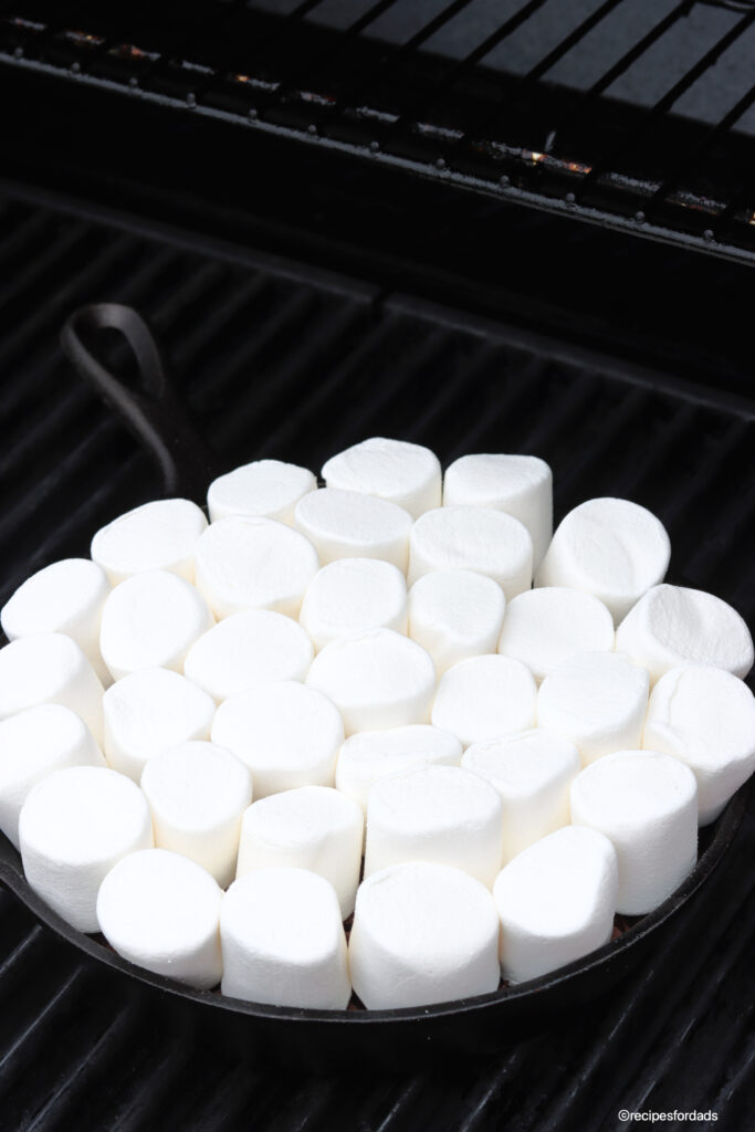 Marshmallows stuffed in iron skillet and on the grill