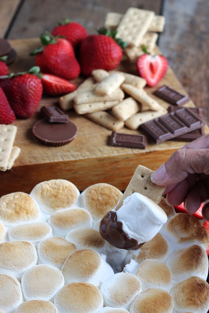 dipping graham cracker in the  S'mores Dip 