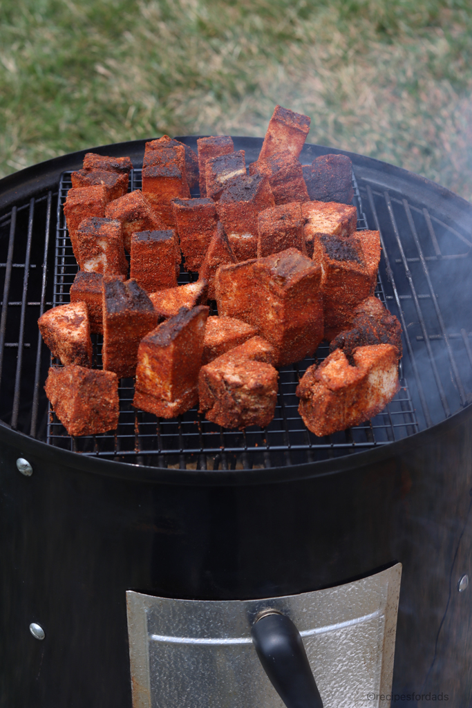 Pork Belly cut pieces on Weber Smoker