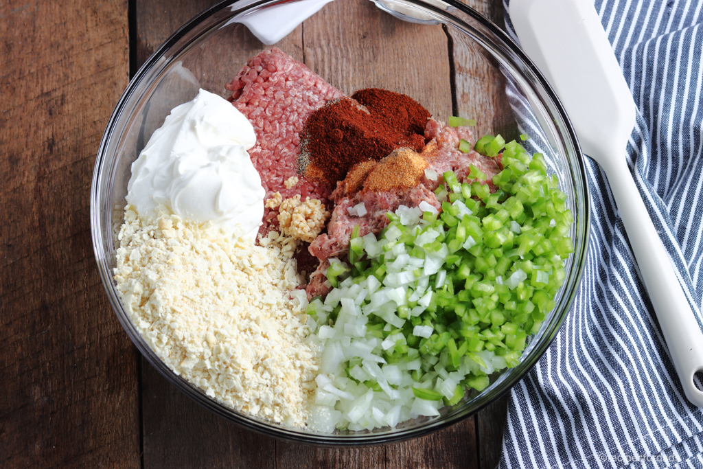 Ingredients in bowl to make meatloaf