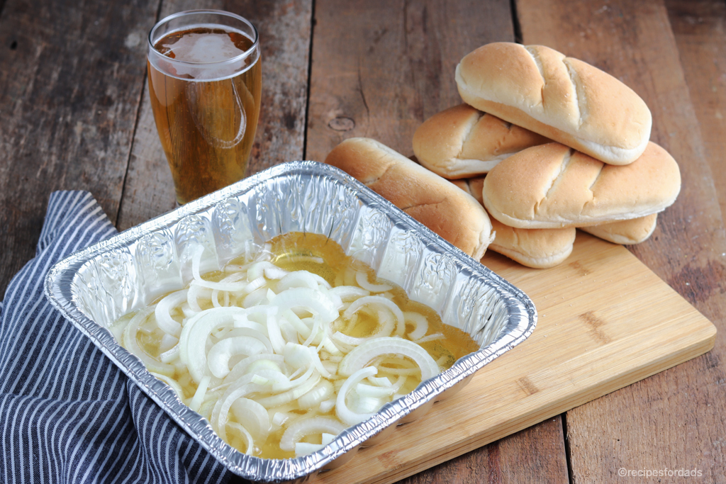 Beer and Onions in an aluminum pan