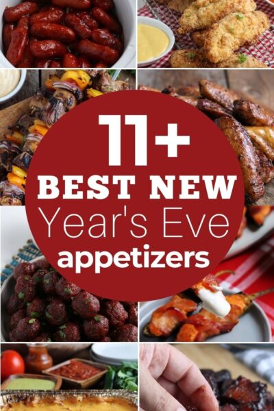 several different delicious options for New Year's appetizers displayed in graphic used for Pinterest