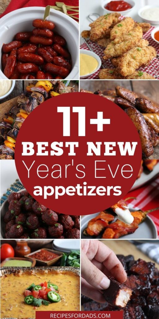 several different delicious options for New Year's appetizers displayed in graphic used for Pinterest