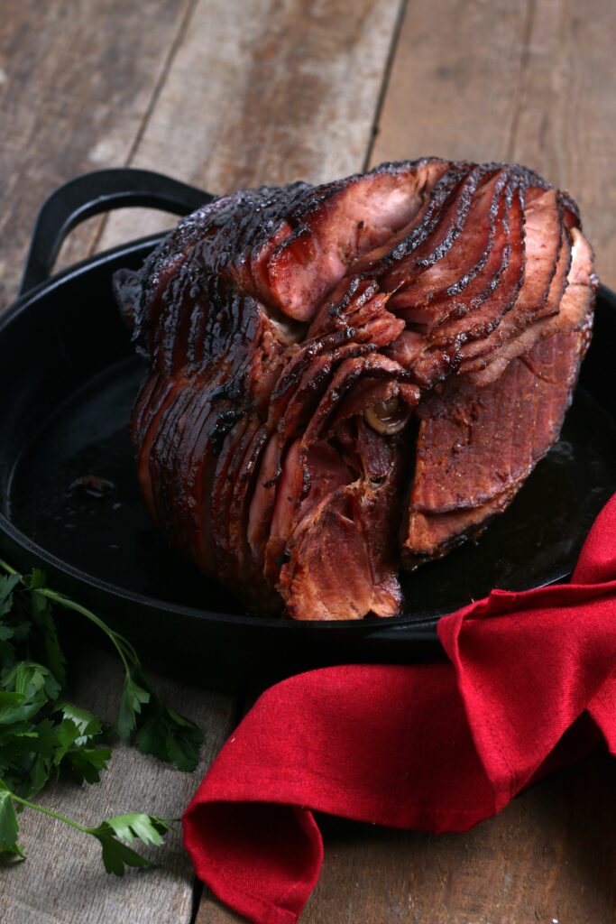 spiraled ham in iron skillet