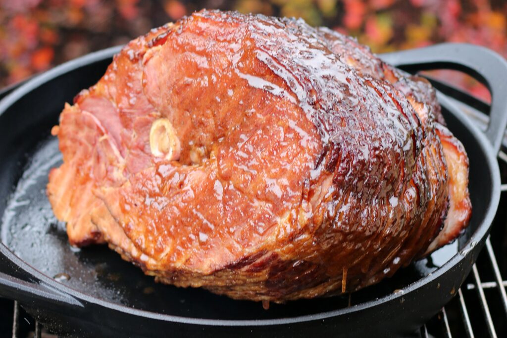 A double smoked ham in the iron-skillet