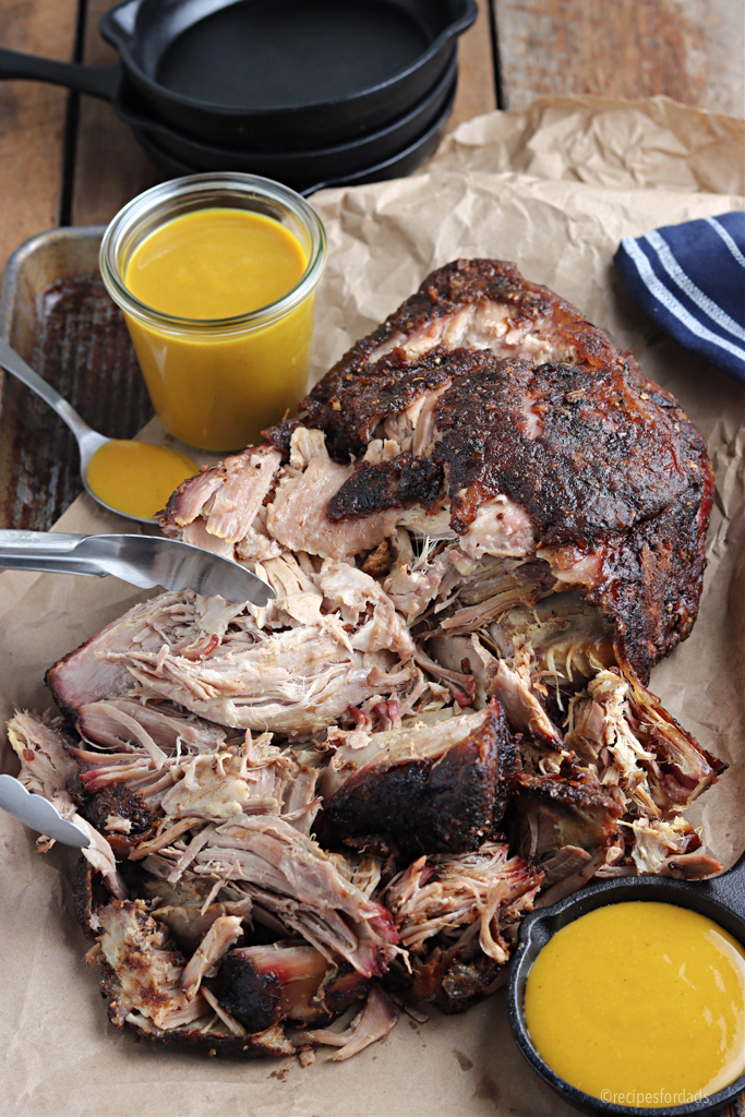 Smoked Pork Butt shredded and served with mustard bbq sauce