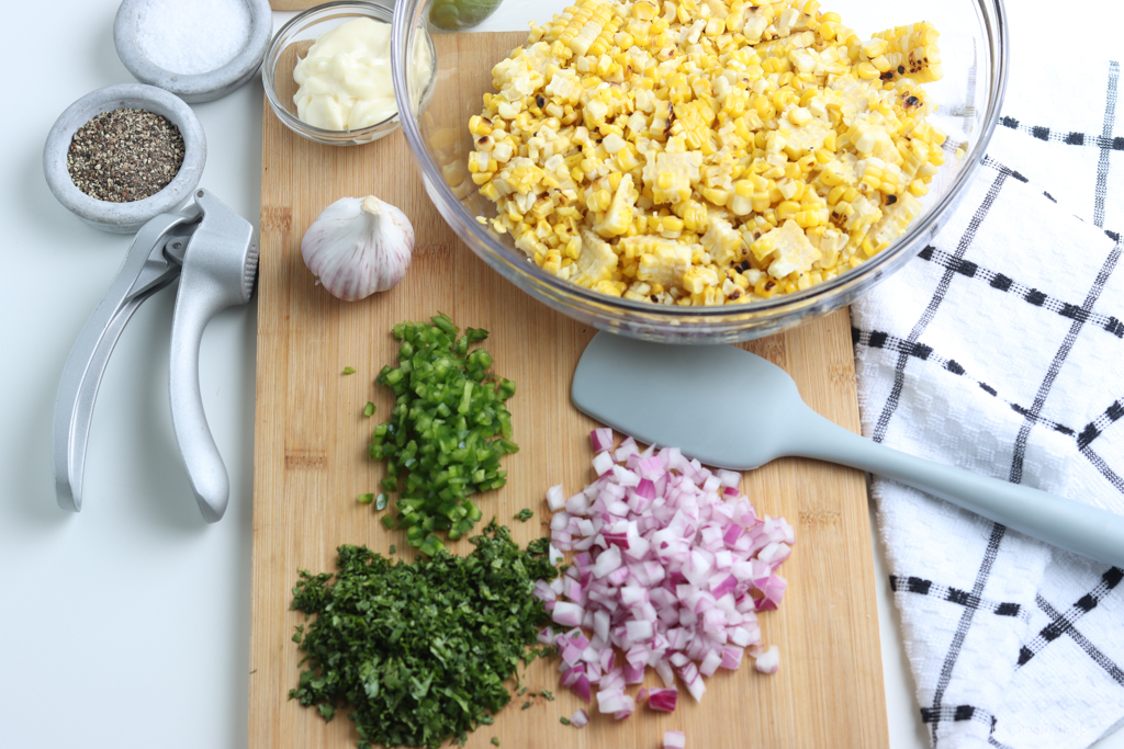 chopped veggies and corn in bowl
