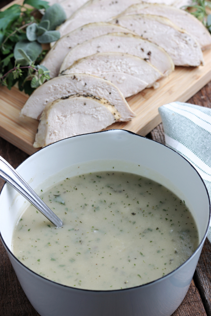 turkey gravy in white saucepan