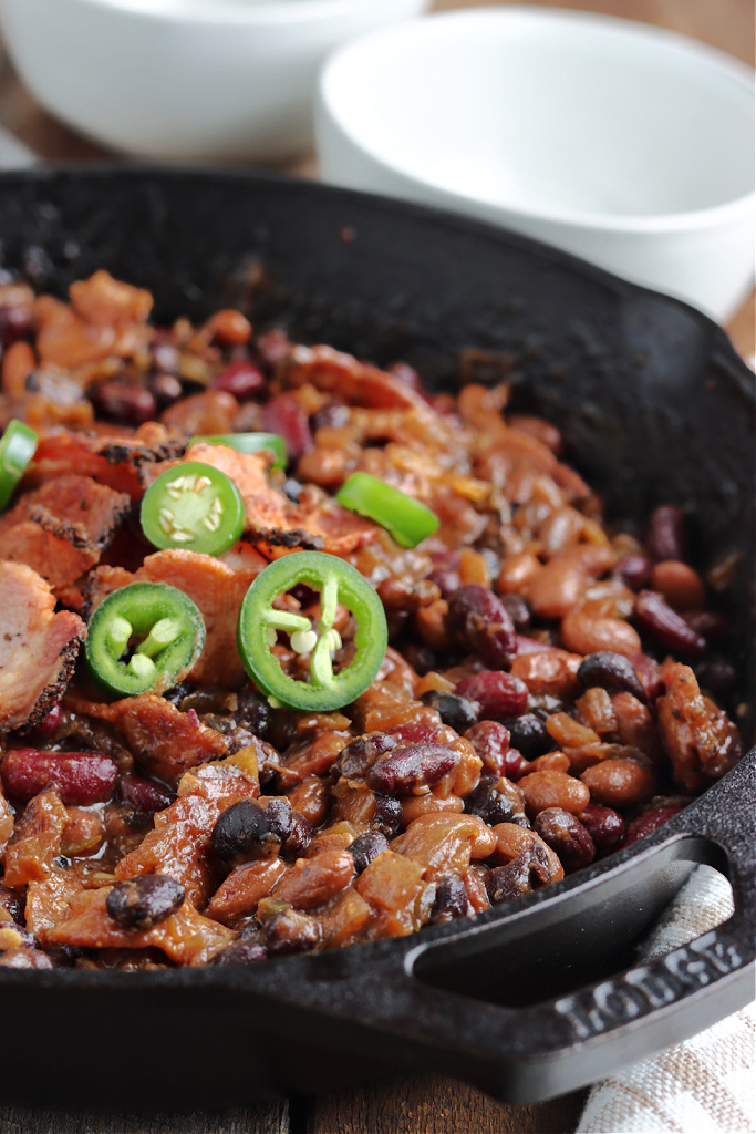 Smoked Baked Beans in cast iron skillet