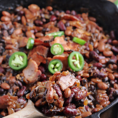 wooden spoon with Smoked Baked Beans