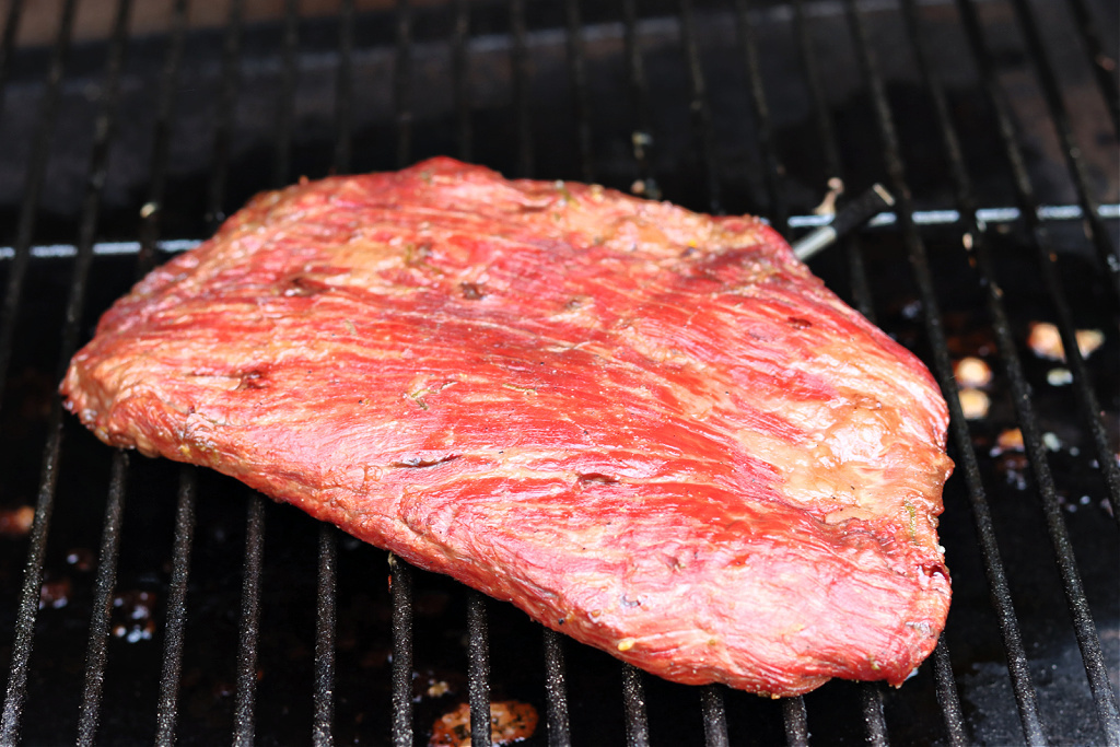 smoked flank steak cooked on Traeger smoker