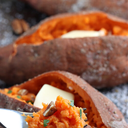 sweet potato on fork with pecan and parsley
