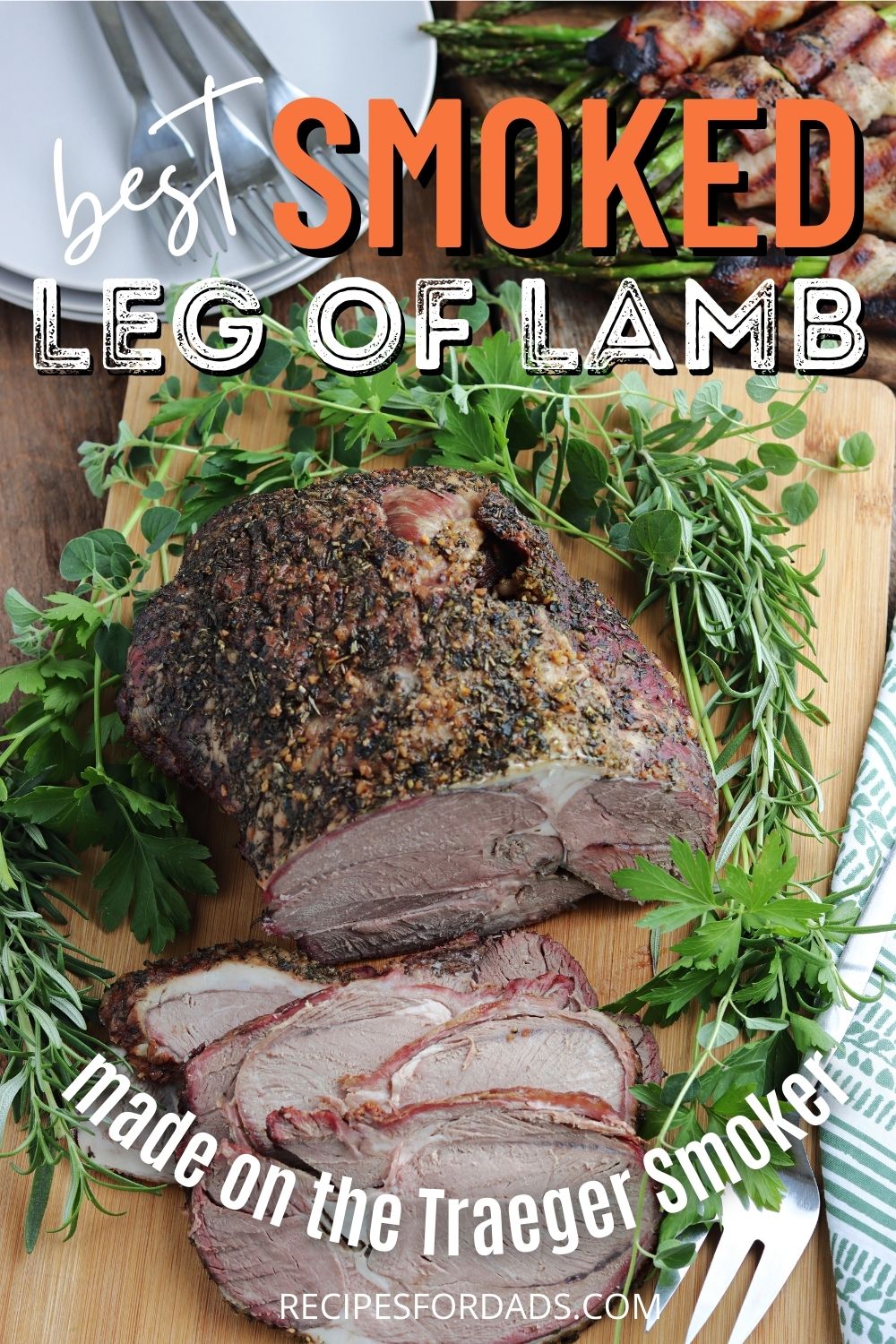 smoked leg of lamb served on cutting board, graphic for Pinterest